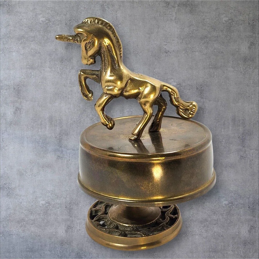 Vintage Brass Unicorn Music Box Spinning Fantasy Figurine Working Patina MCM - Picture 4 of 8